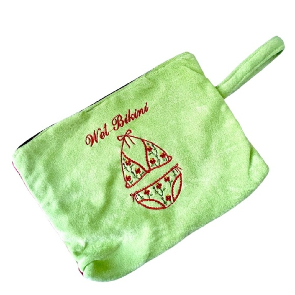 Lily Juliet Green Bikini Bag with Embroidered Detail Zip Closure